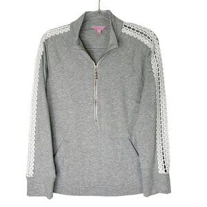Lilly Pulitzer Skipper Pullover Top Womens Size Medium Gray Lace Sleeve 1/2 Zip